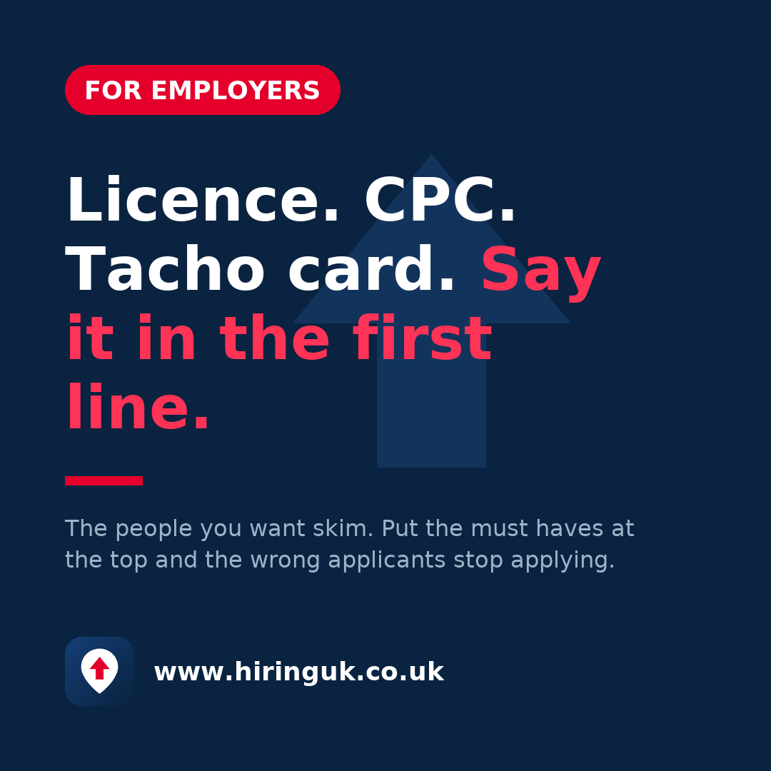 Licence. CPC. Tacho card. Say it in the first line.