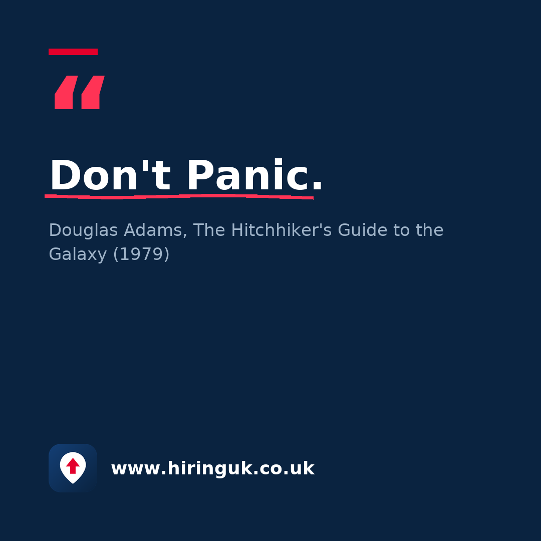 Quote card: Don't Panic.