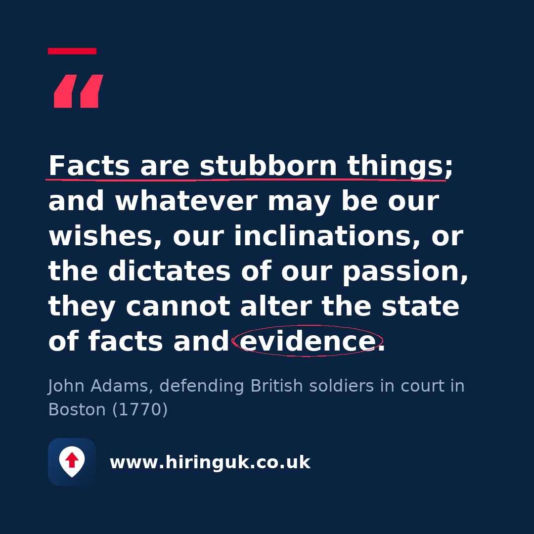 Quote card: Facts are stubborn things; and whatever may be our wishes, our inclinations, or the dictates of our passion, they cannot alter the state of facts and evidence.