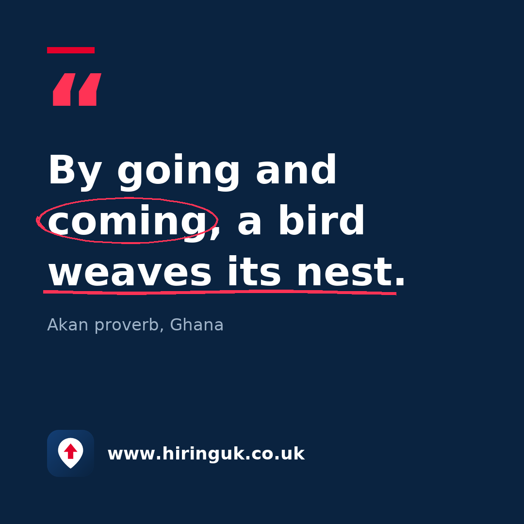 Quote card: By going and coming, a bird weaves its nest.