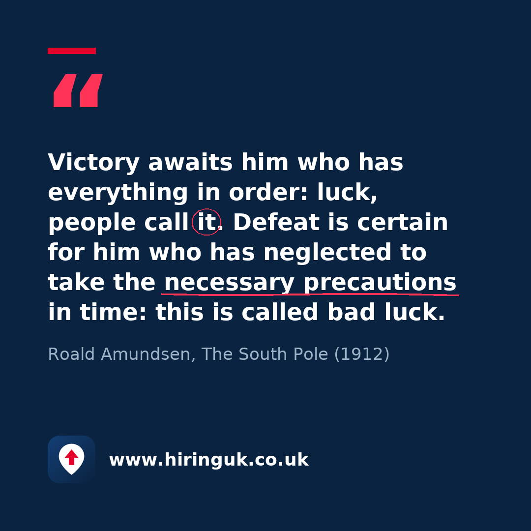 Quote card: Victory awaits him who has everything in order: luck, people call it. Defeat is certain for him who has neglected to take the necessary precautions in time: this is called bad luck.