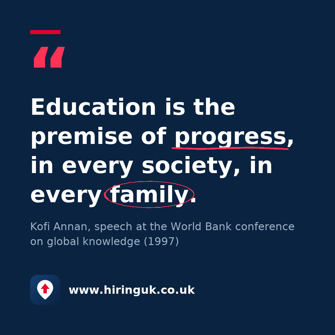 Quote card: Education is the premise of progress, in every society, in every family.