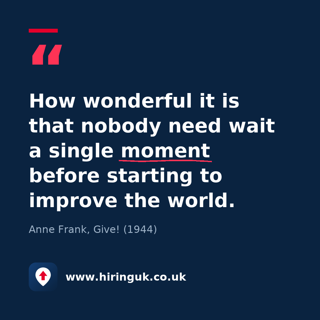 Quote card: How wonderful it is that nobody need wait a single moment before starting to improve the world.