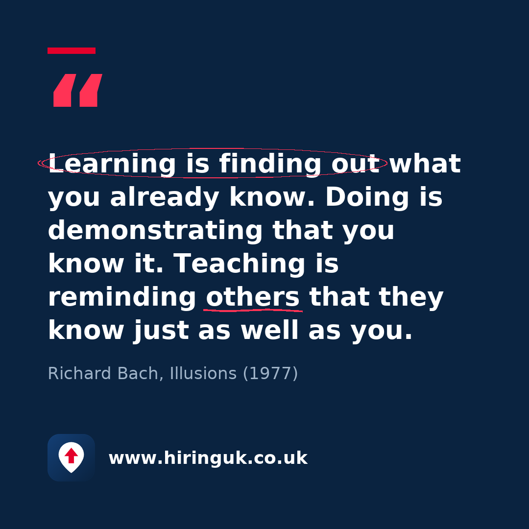 Quote card: Learning is finding out what you already know. Doing is demonstrating that you know it. Teaching is reminding others that they know just as well as you.