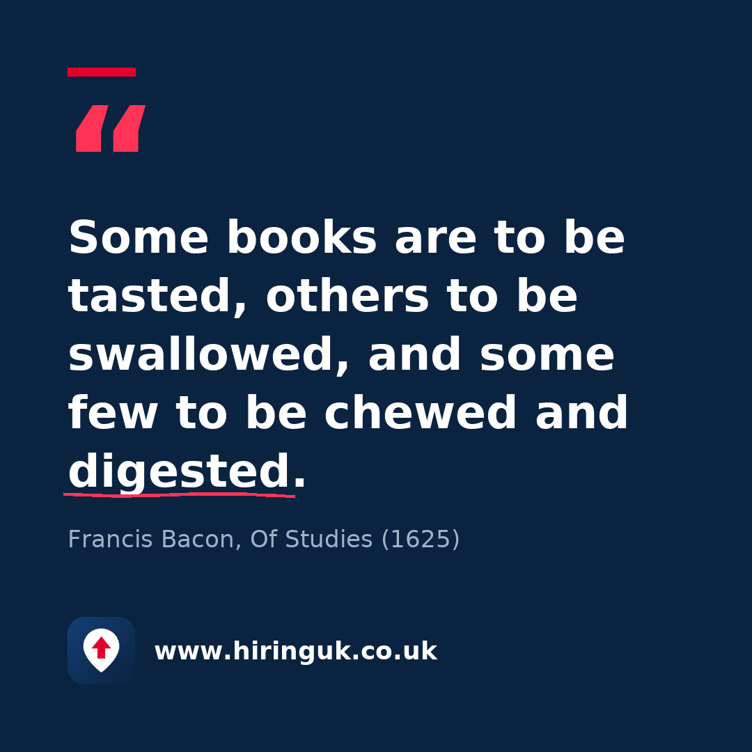 Quote card: Some books are to be tasted, others to be swallowed, and some few to be chewed and digested.