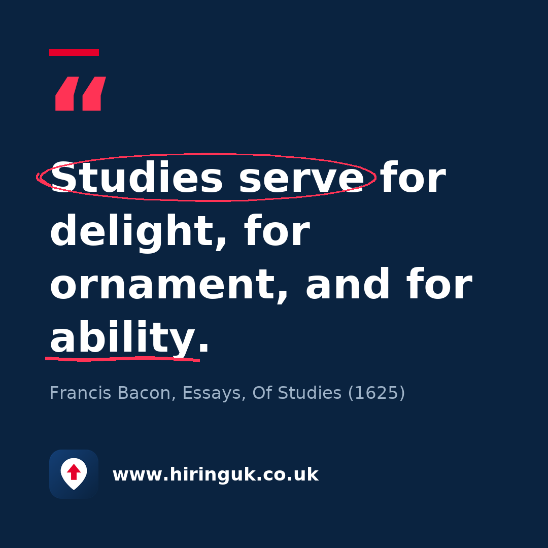 Quote card: Studies serve for delight, for ornament, and for ability.