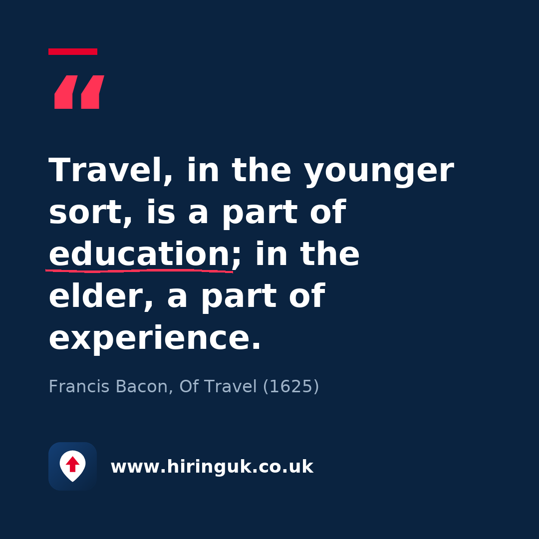 Quote card: Travel, in the younger sort, is a part of education; in the elder, a part of experience.