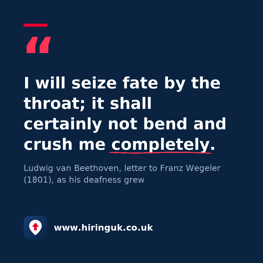 Quote card: I will seize fate by the throat; it shall certainly not bend and crush me completely.
