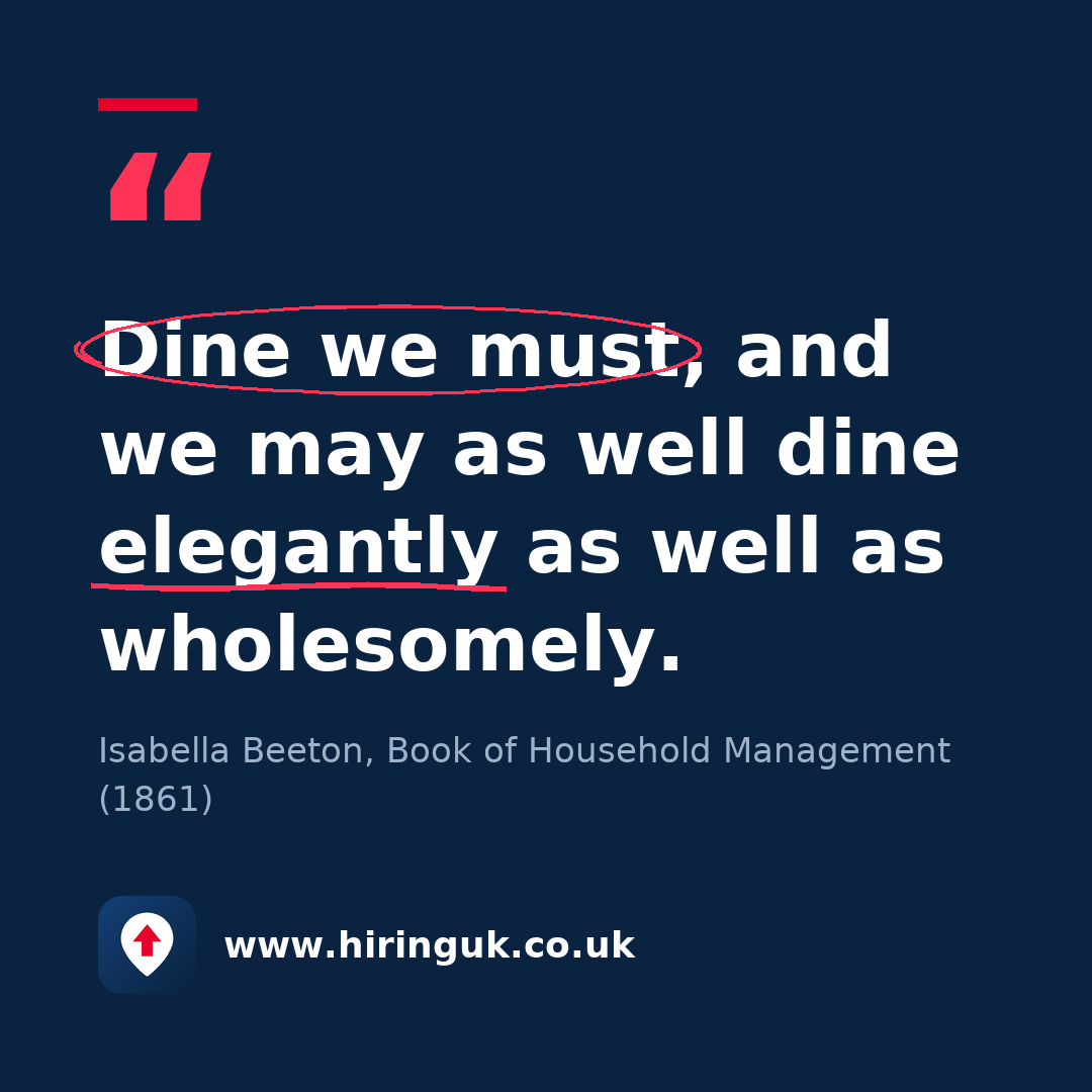 Quote card: Dine we must, and we may as well dine elegantly as well as wholesomely.