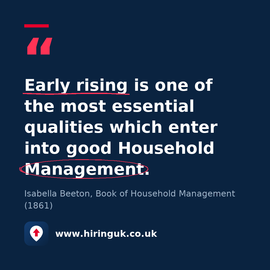 Quote card: Early rising is one of the most essential qualities which enter into good Household Management.