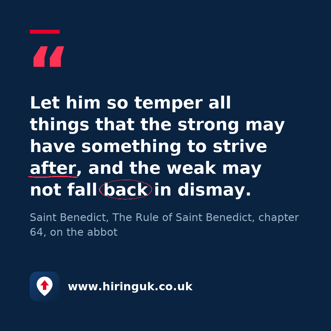 Quote card: Let him so temper all things that the strong may have something to strive after, and the weak may not fall back in dismay.