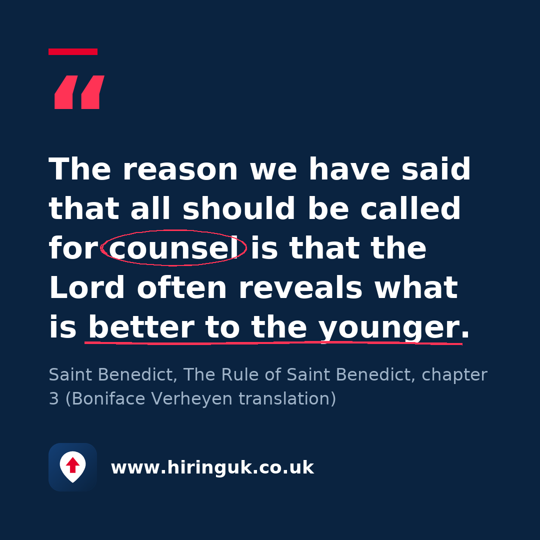 Quote card: The reason we have said that all should be called for counsel is that the Lord often reveals what is better to the younger.