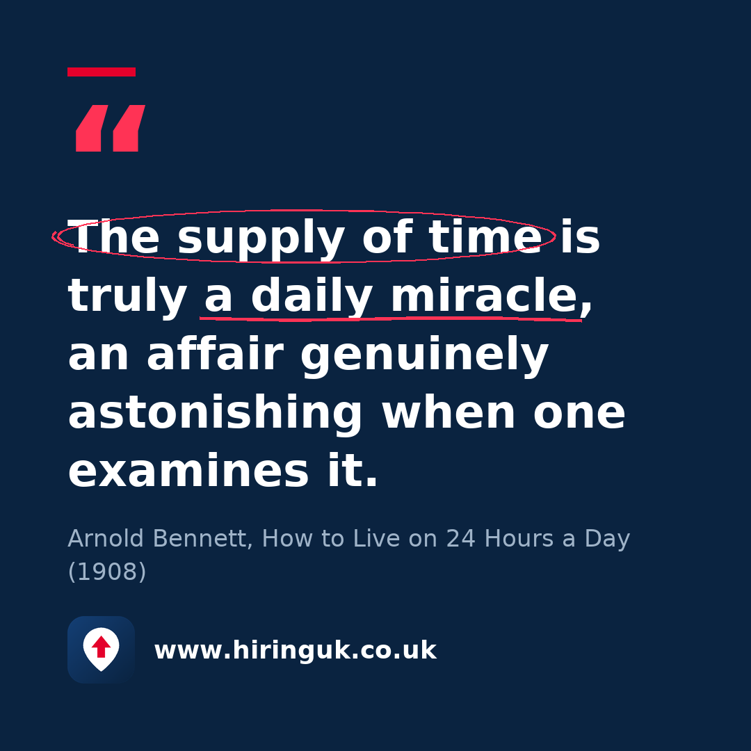 Quote card: The supply of time is truly a daily miracle, an affair genuinely astonishing when one examines it.