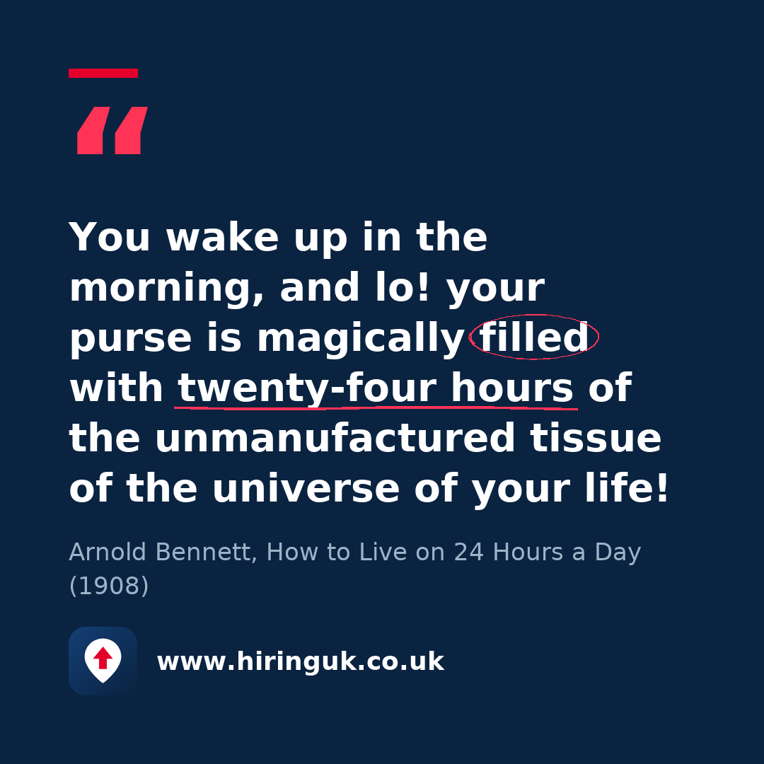 Quote card: You wake up in the morning, and lo! your purse is magically filled with twenty-four hours of the unmanufactured tissue of the universe of your life!