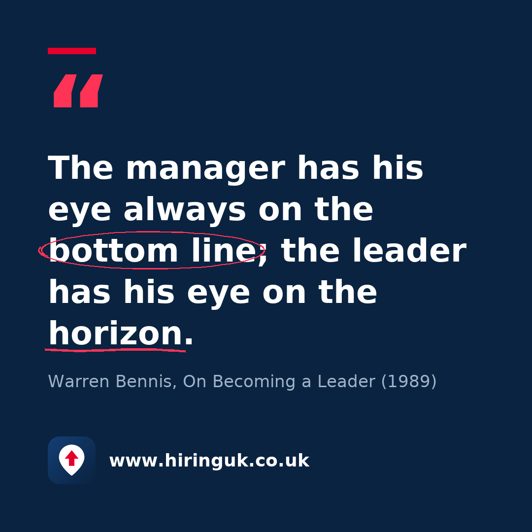 Quote card: The manager has his eye always on the bottom line; the leader has his eye on the horizon.