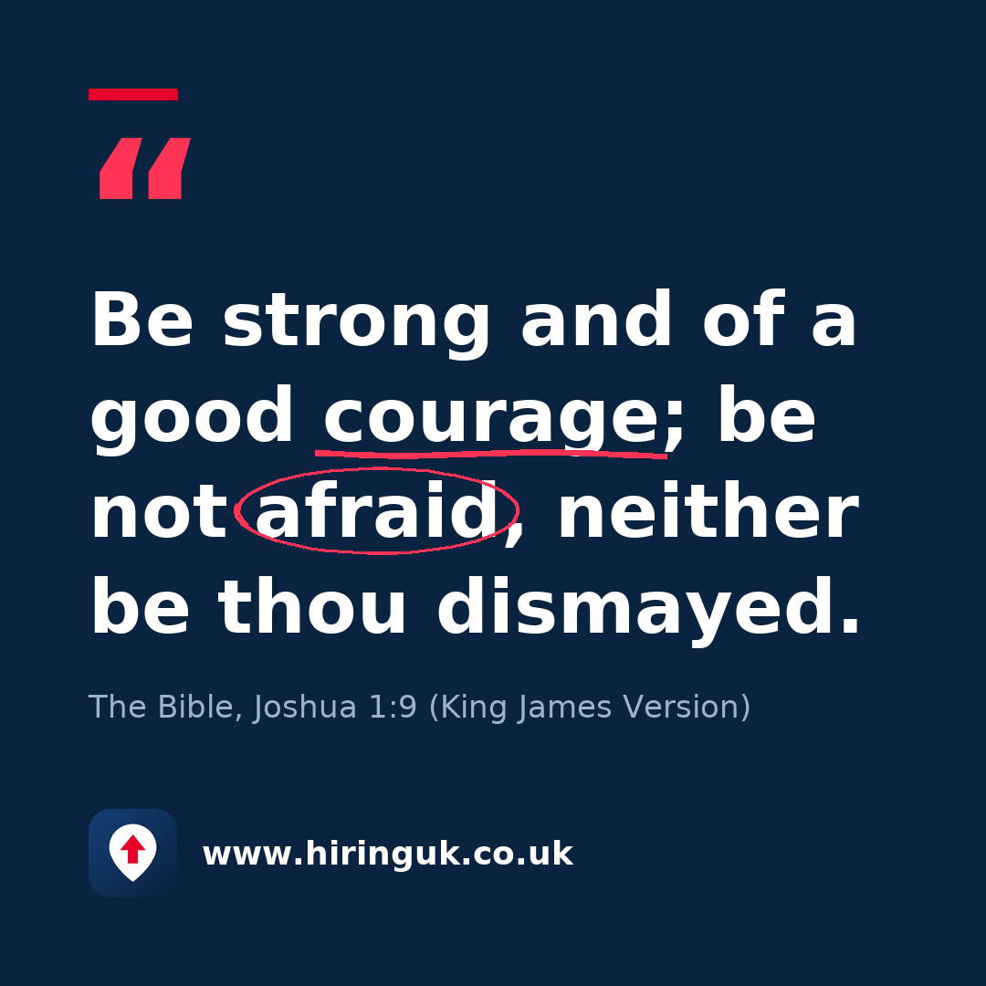 Quote card: Be strong and of a good courage; be not afraid, neither be thou dismayed.