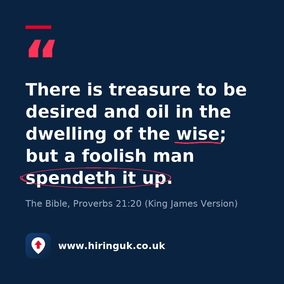 Quote card: There is treasure to be desired and oil in the dwelling of the wise; but a foolish man spendeth it up.