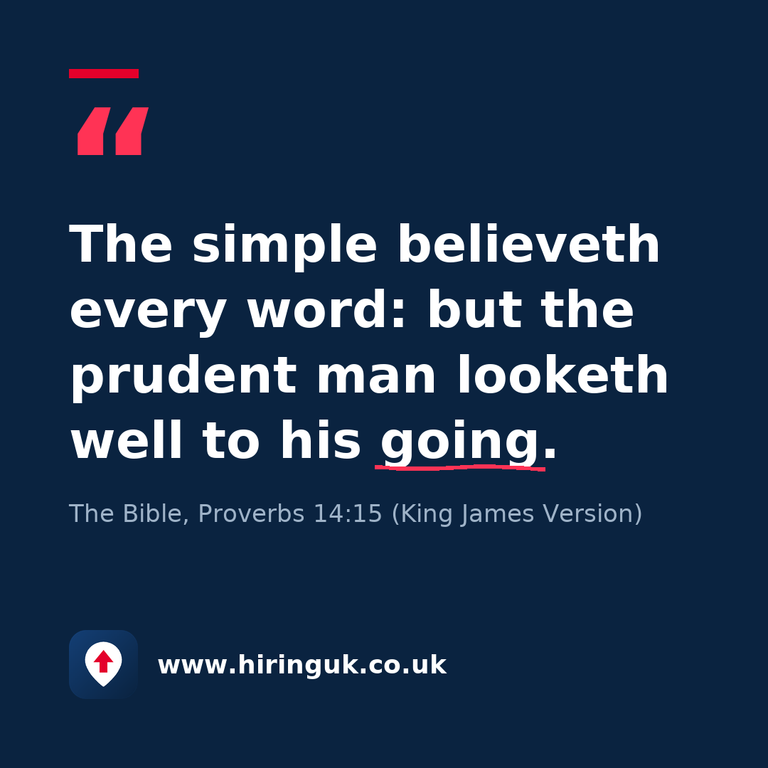 Quote card: The simple believeth every word: but the prudent man looketh well to his going.