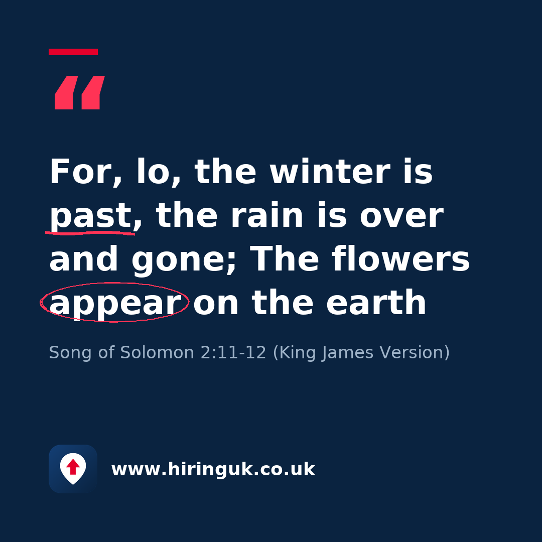 Quote card: For, lo, the winter is past, the rain is over and gone; The flowers appear on the earth
