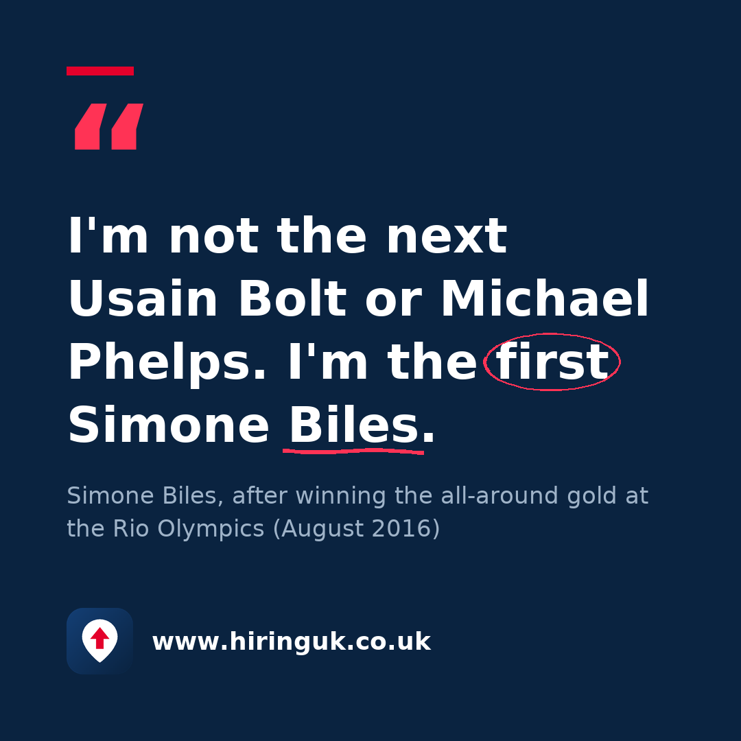 Quote card: I'm not the next Usain Bolt or Michael Phelps. I'm the first Simone Biles.