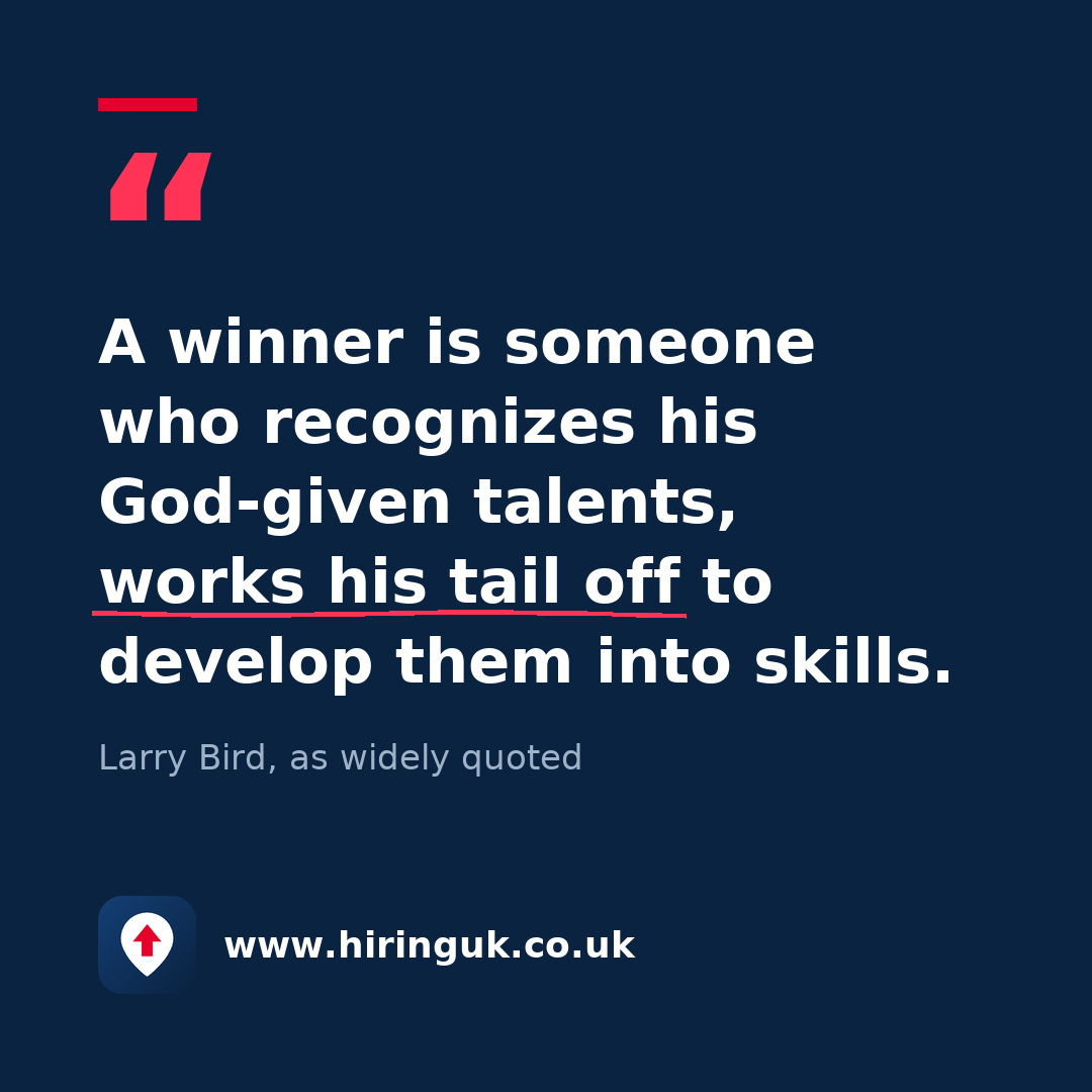 Quote card: A winner is someone who recognizes his God-given talents, works his tail off to develop them into skills.