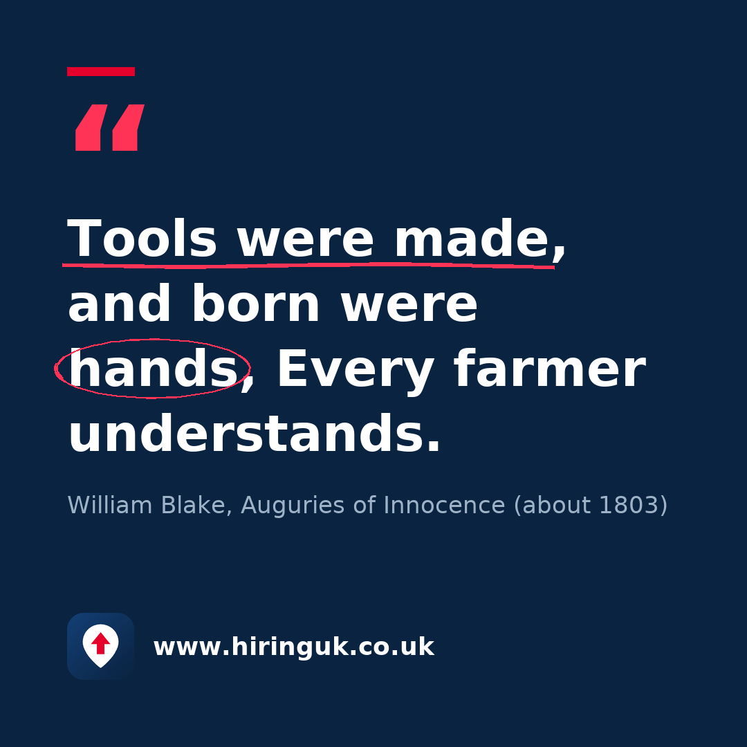 Quote card: Tools were made, and born were hands, Every farmer understands.