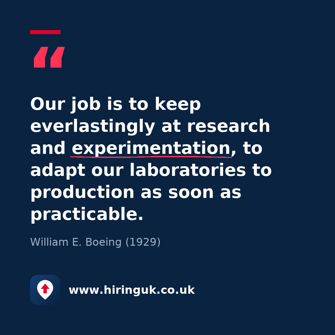 Quote card: Our job is to keep everlastingly at research and experimentation, to adapt our laboratories to production as soon as practicable.
