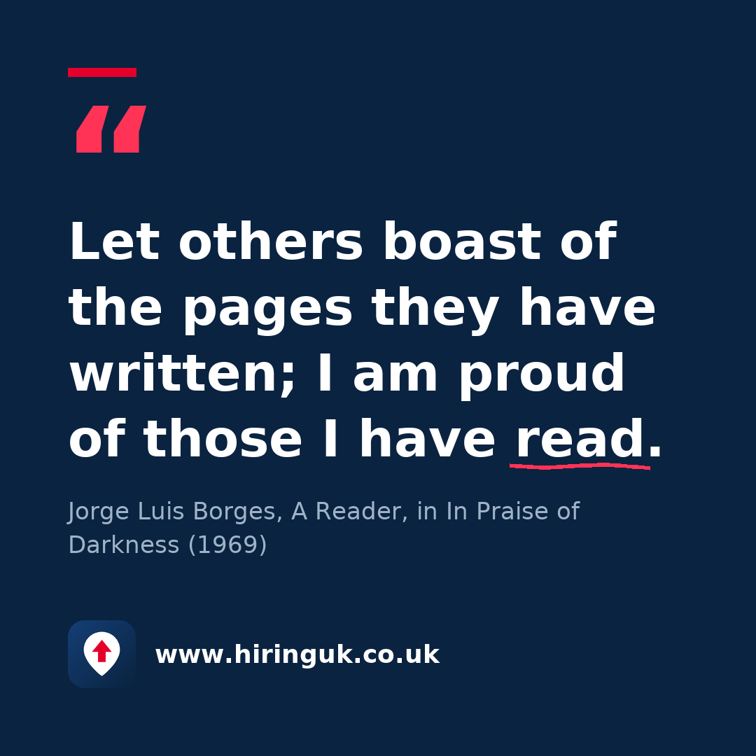 Quote card: Let others boast of the pages they have written; I am proud of those I have read.