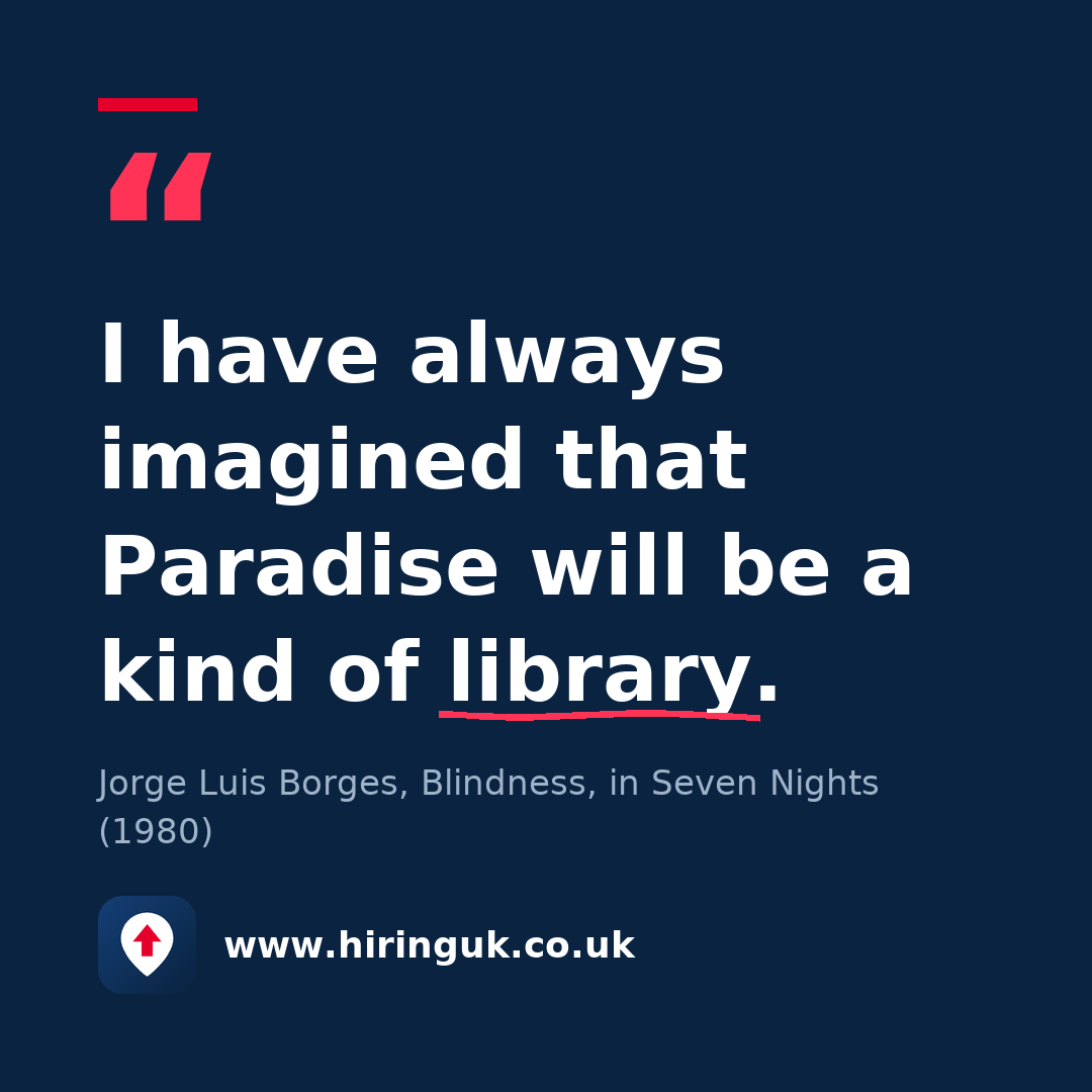 Quote card: I have always imagined that Paradise will be a kind of library.