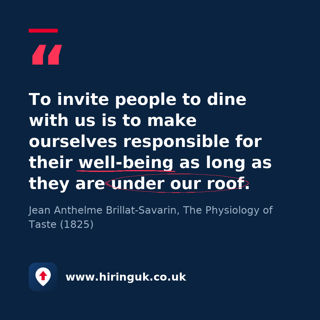 Quote card: To invite people to dine with us is to make ourselves responsible for their well-being as long as they are under our roof.
