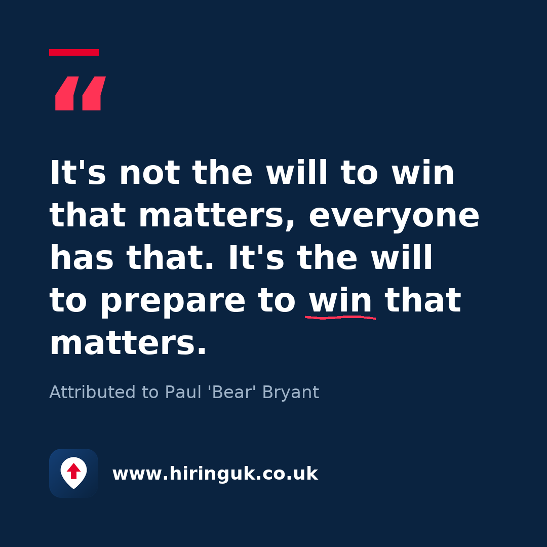 Quote card: It's not the will to win that matters, everyone has that. It's the will to prepare to win that matters.