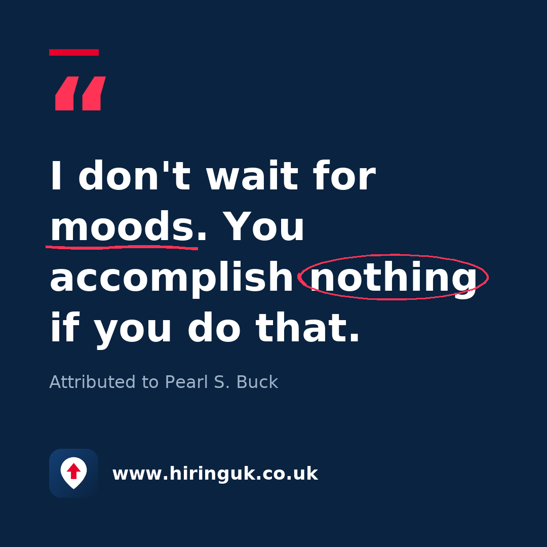 Quote card: I don't wait for moods. You accomplish nothing if you do that.