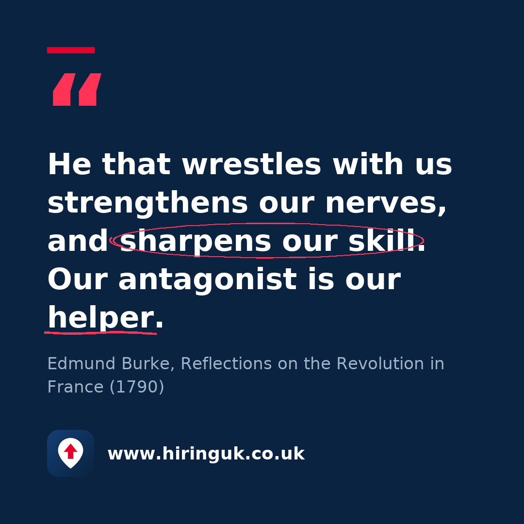 Quote card: He that wrestles with us strengthens our nerves, and sharpens our skill. Our antagonist is our helper.