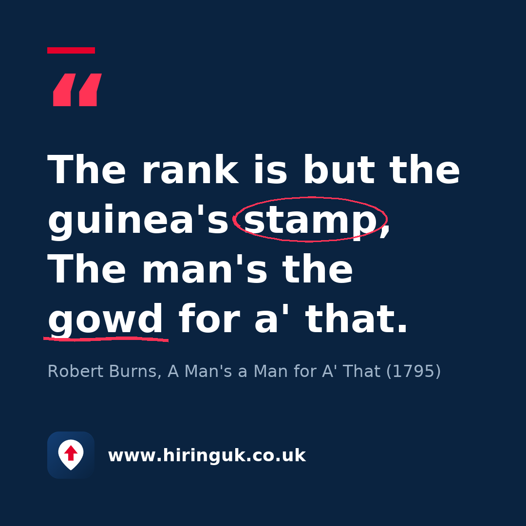 Quote card: The rank is but the guinea's stamp, The man's the gowd for a' that.