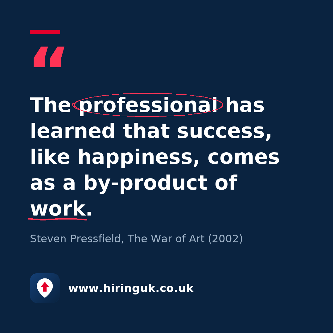 Quote card: The professional has learned that success, like happiness, comes as a by-product of work.