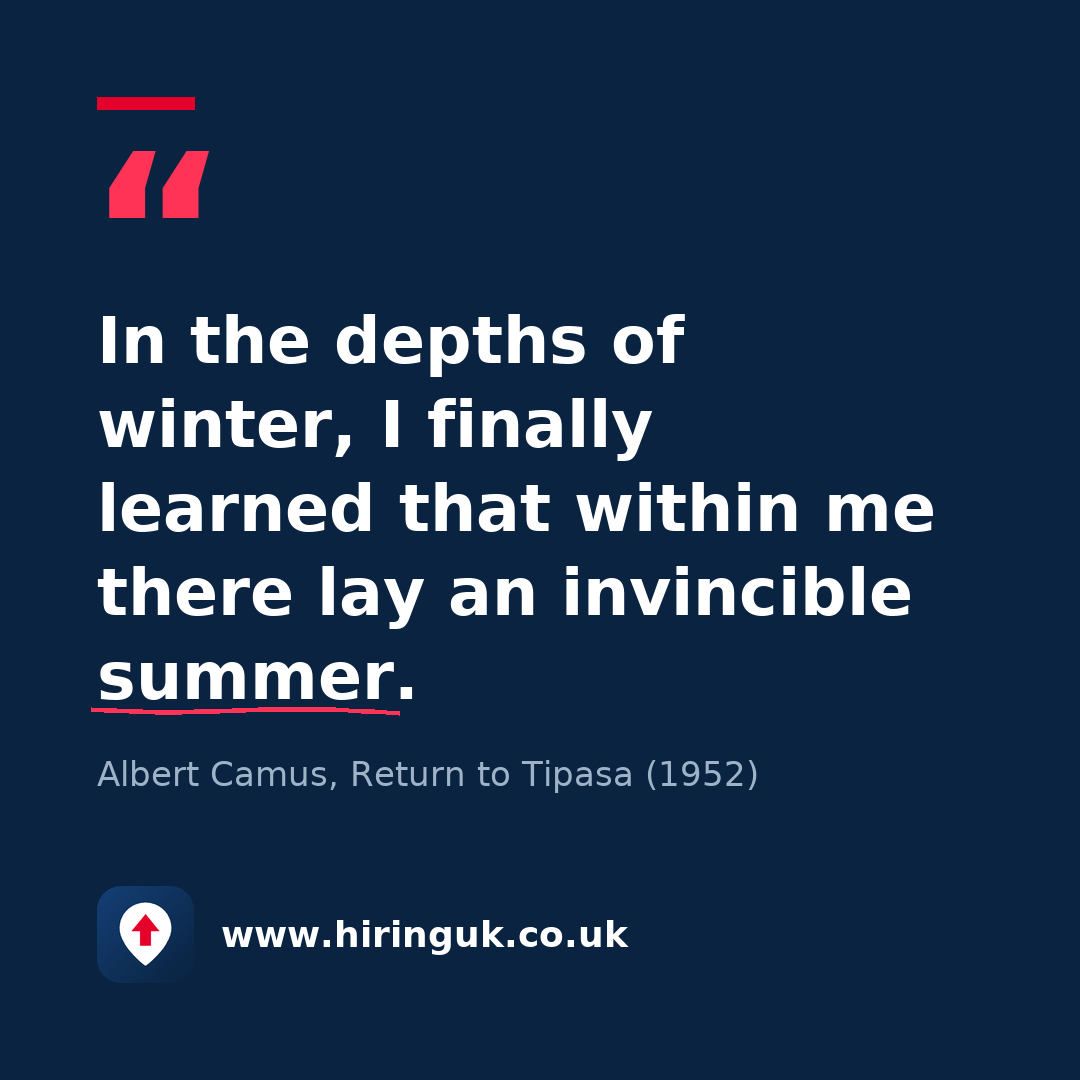Quote card: In the depths of winter, I finally learned that within me there lay an invincible summer.