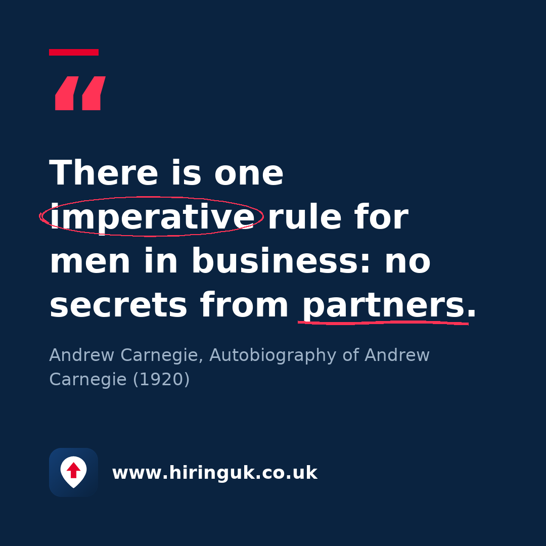 Quote card: There is one imperative rule for men in business: no secrets from partners.