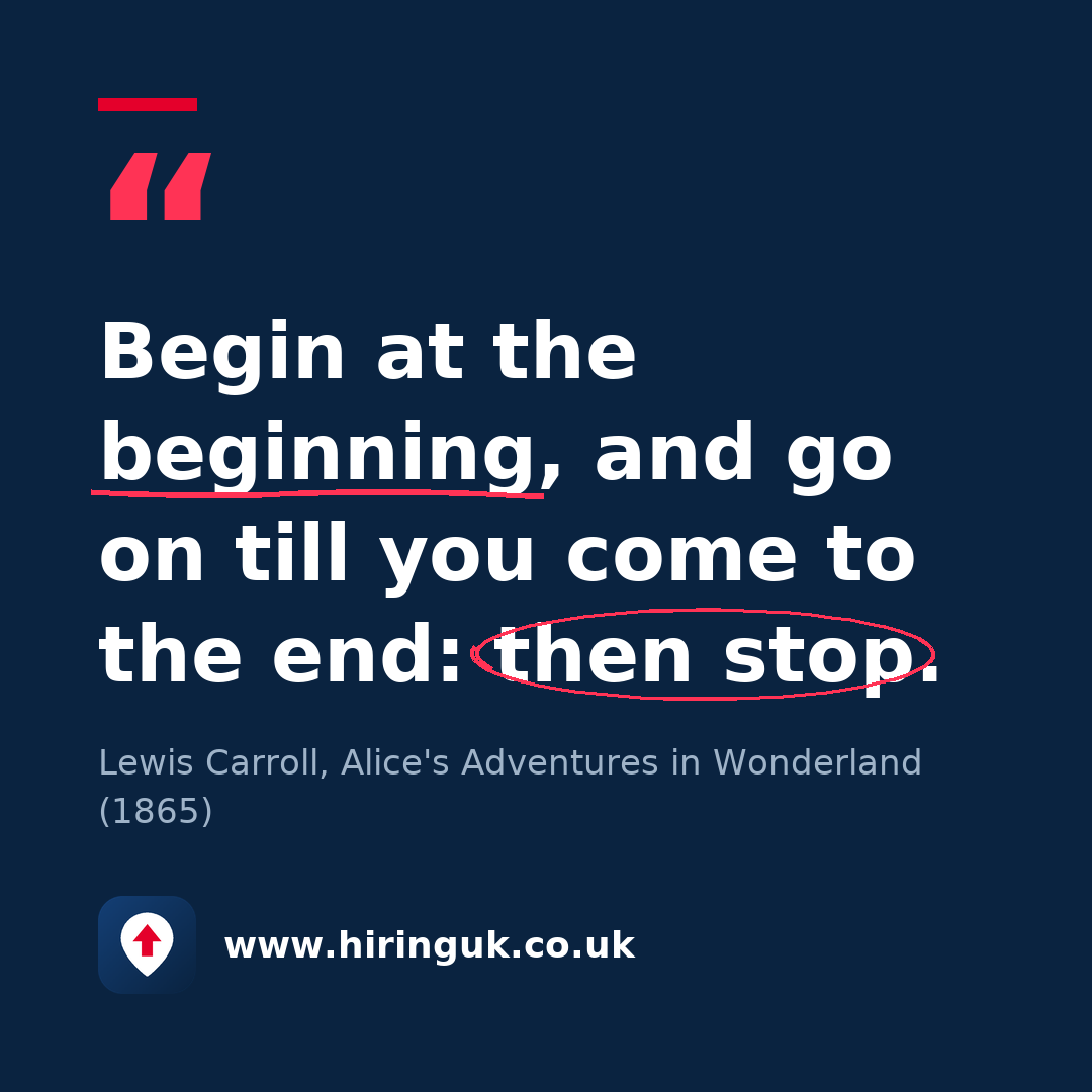 Quote card: Begin at the beginning, and go on till you come to the end: then stop.