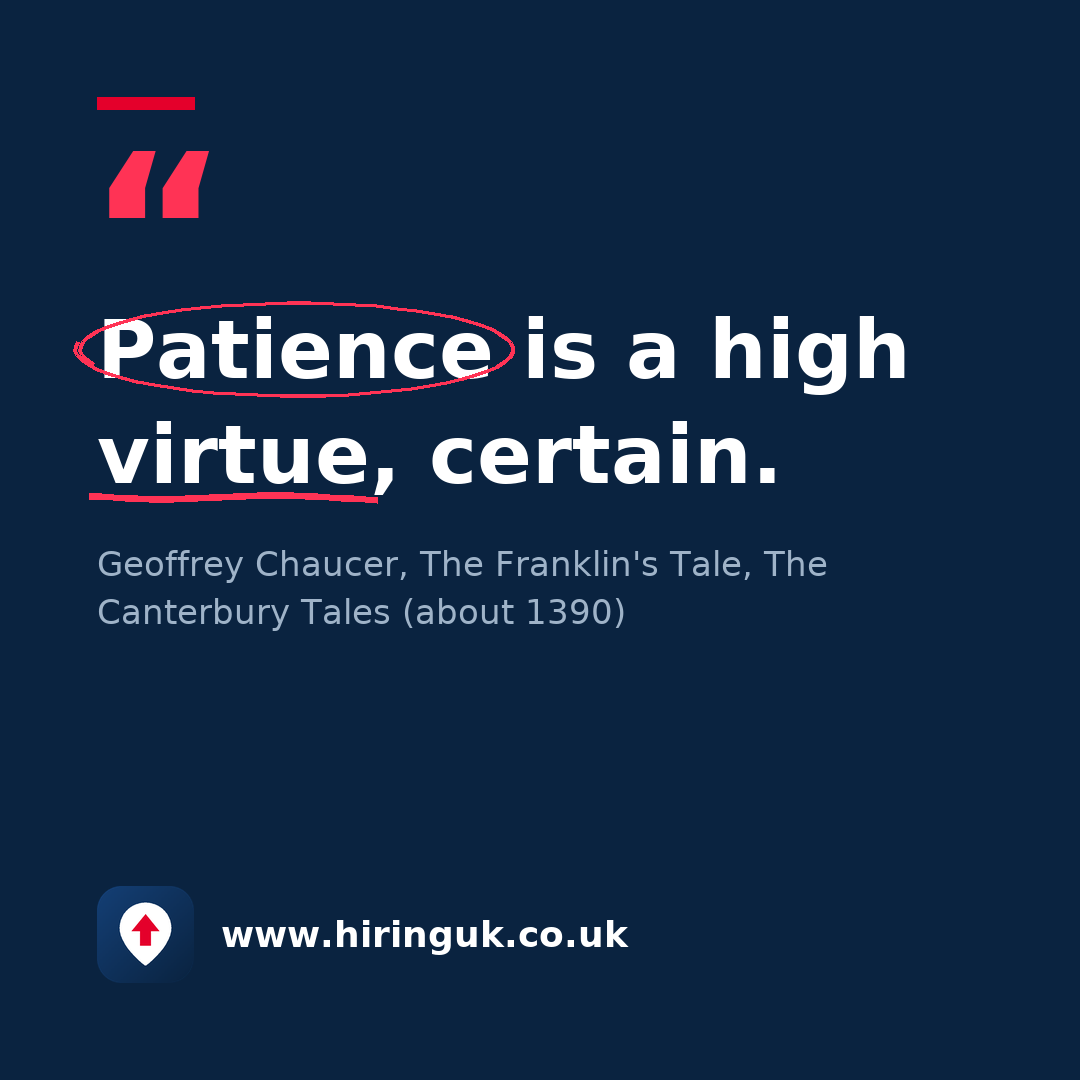 Quote card: Patience is a high virtue, certain.