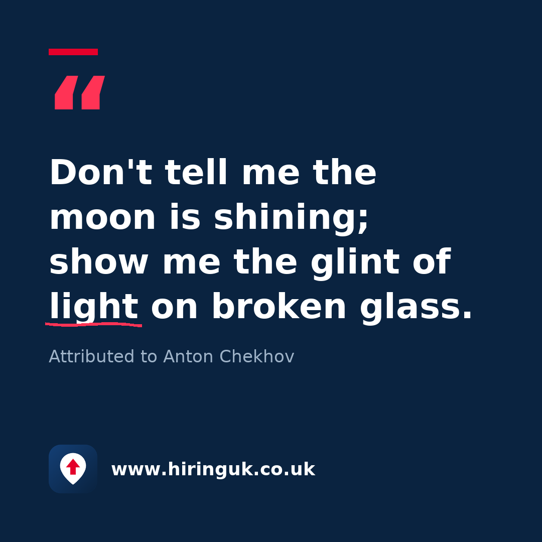 Quote card: Don't tell me the moon is shining; show me the glint of light on broken glass.