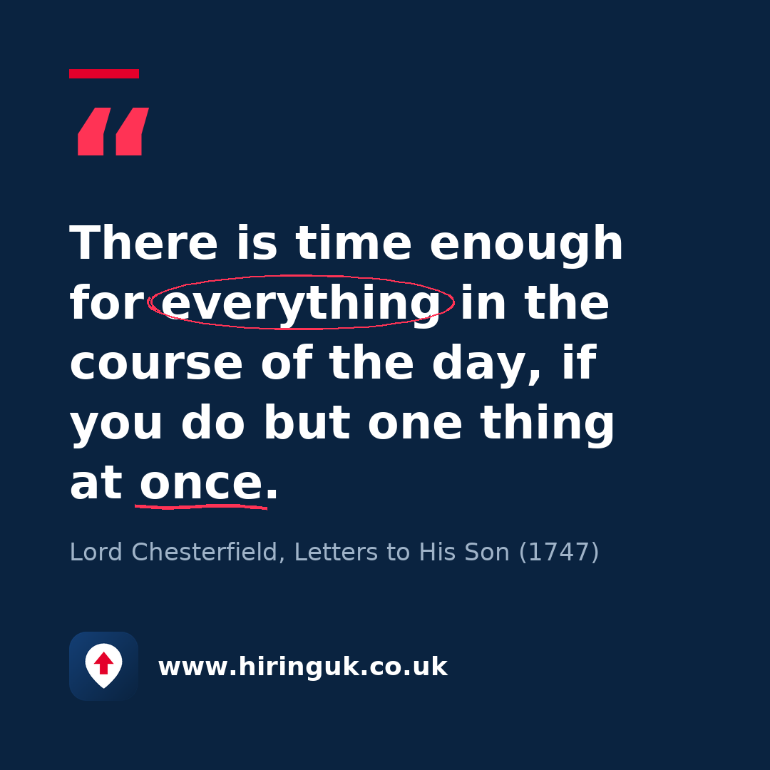 Quote card: There is time enough for everything in the course of the day, if you do but one thing at once.