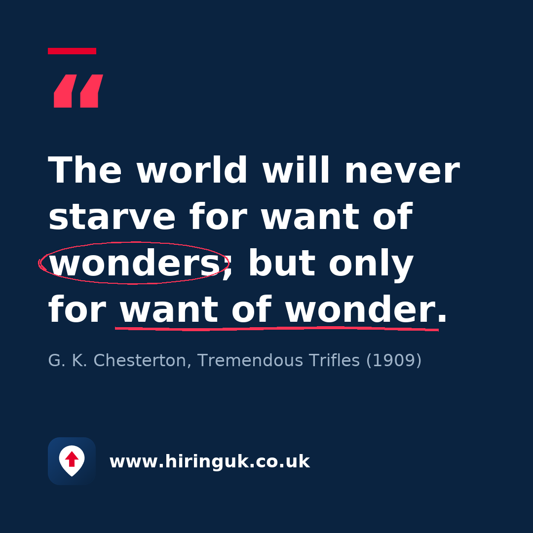 Quote card: The world will never starve for want of wonders; but only for want of wonder.