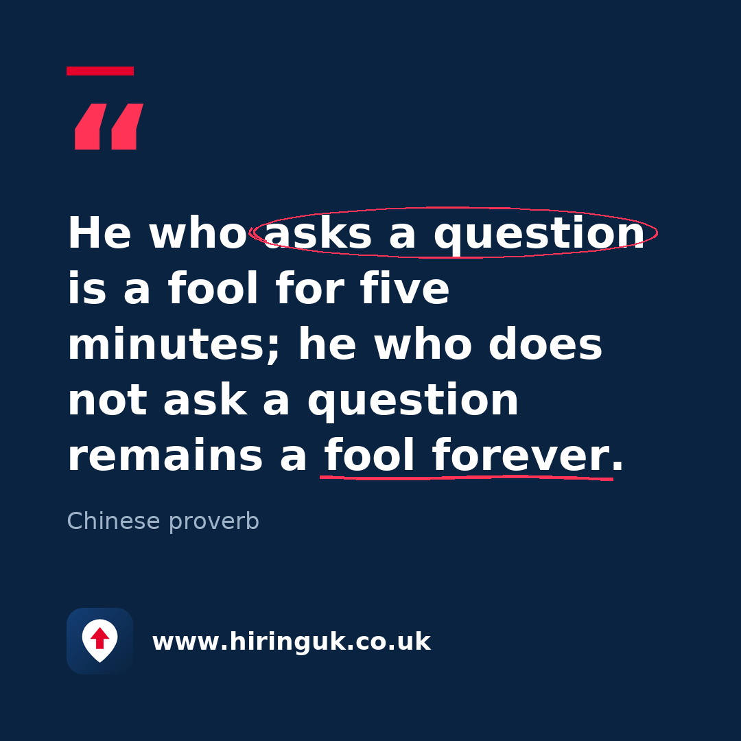 Quote card: He who asks a question is a fool for five minutes; he who does not ask a question remains a fool forever.