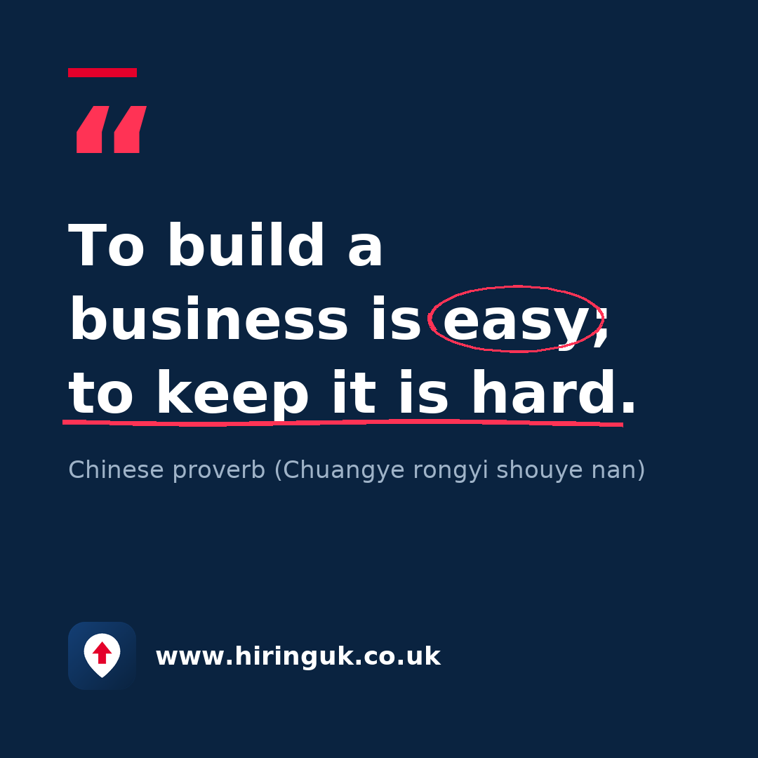 Quote card: To build a business is easy; to keep it is hard.