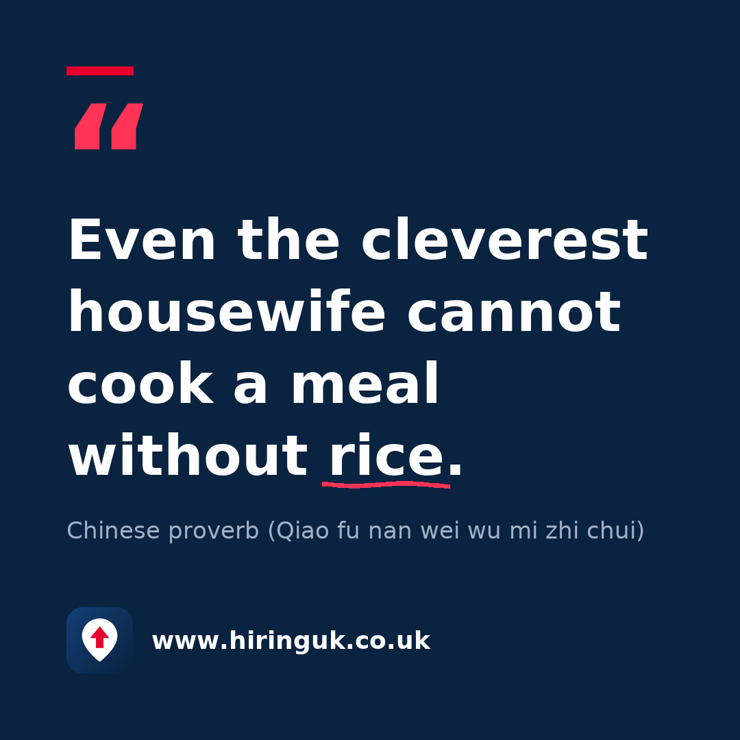 Quote card: Even the cleverest housewife cannot cook a meal without rice.