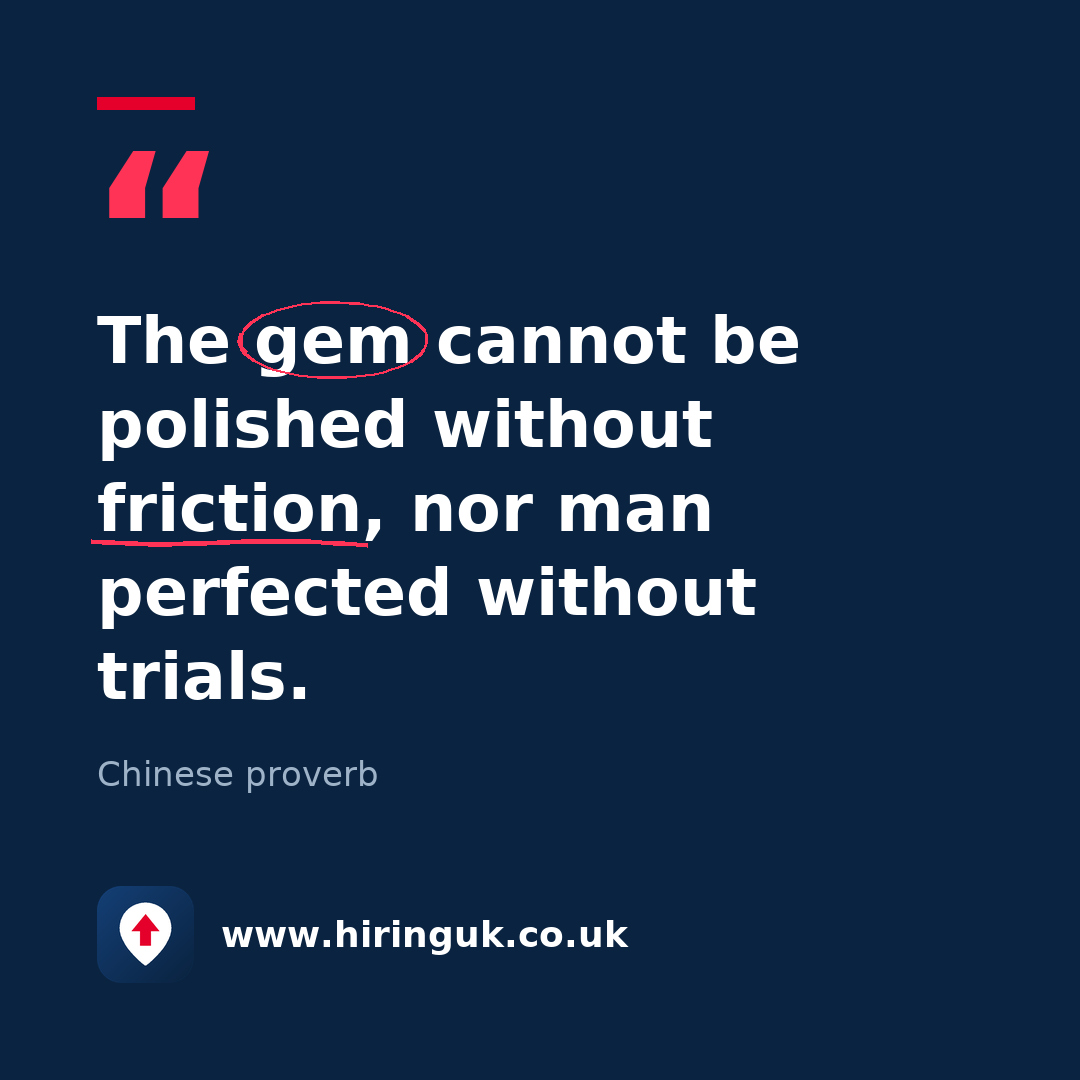 Quote card: The gem cannot be polished without friction, nor man perfected without trials.
