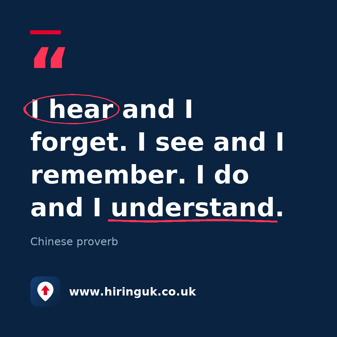 Quote card: I hear and I forget. I see and I remember. I do and I understand.