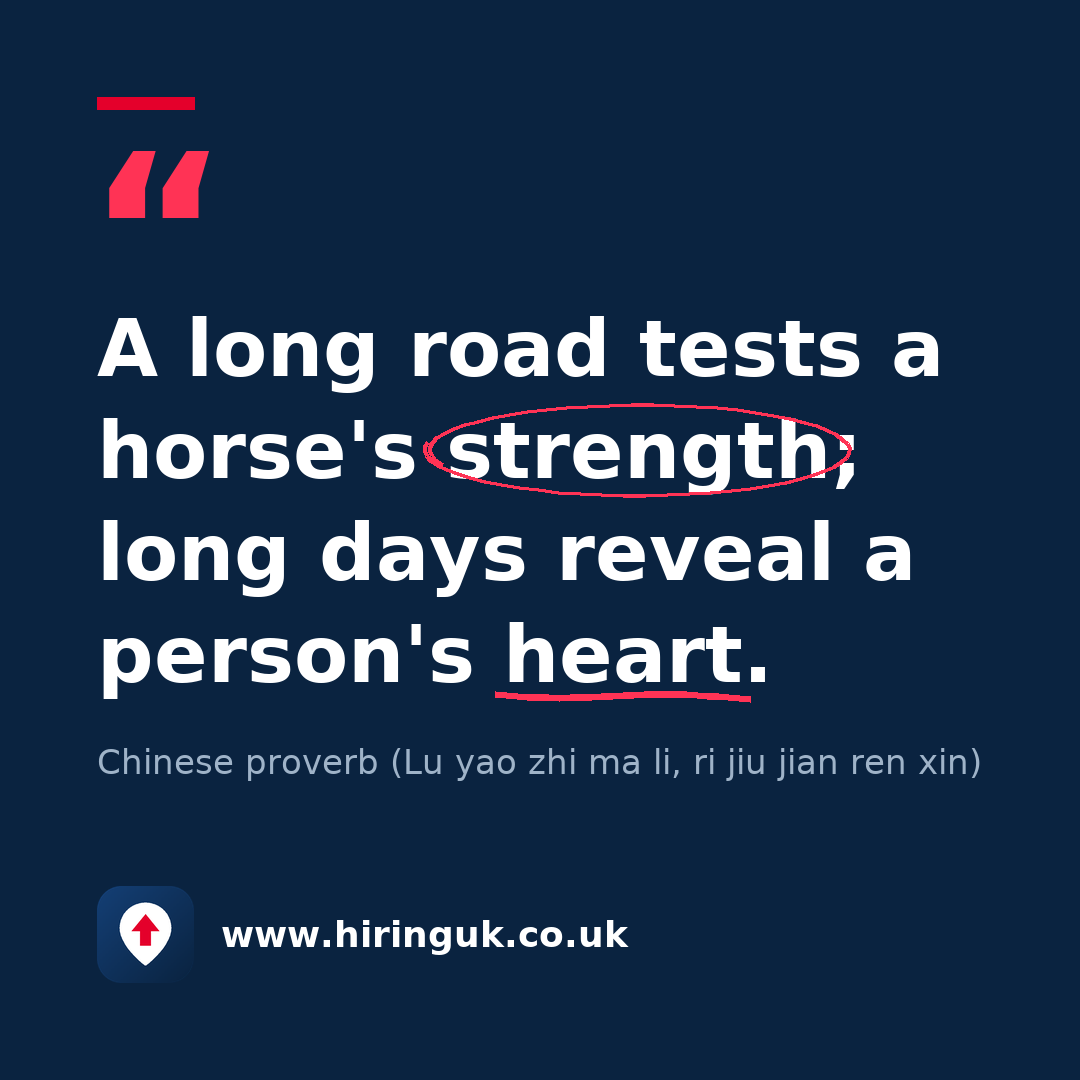 Quote card: A long road tests a horse's strength; long days reveal a person's heart.