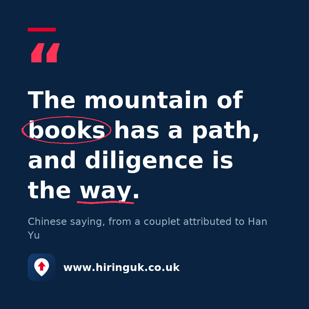 Quote card: The mountain of books has a path, and diligence is the way.