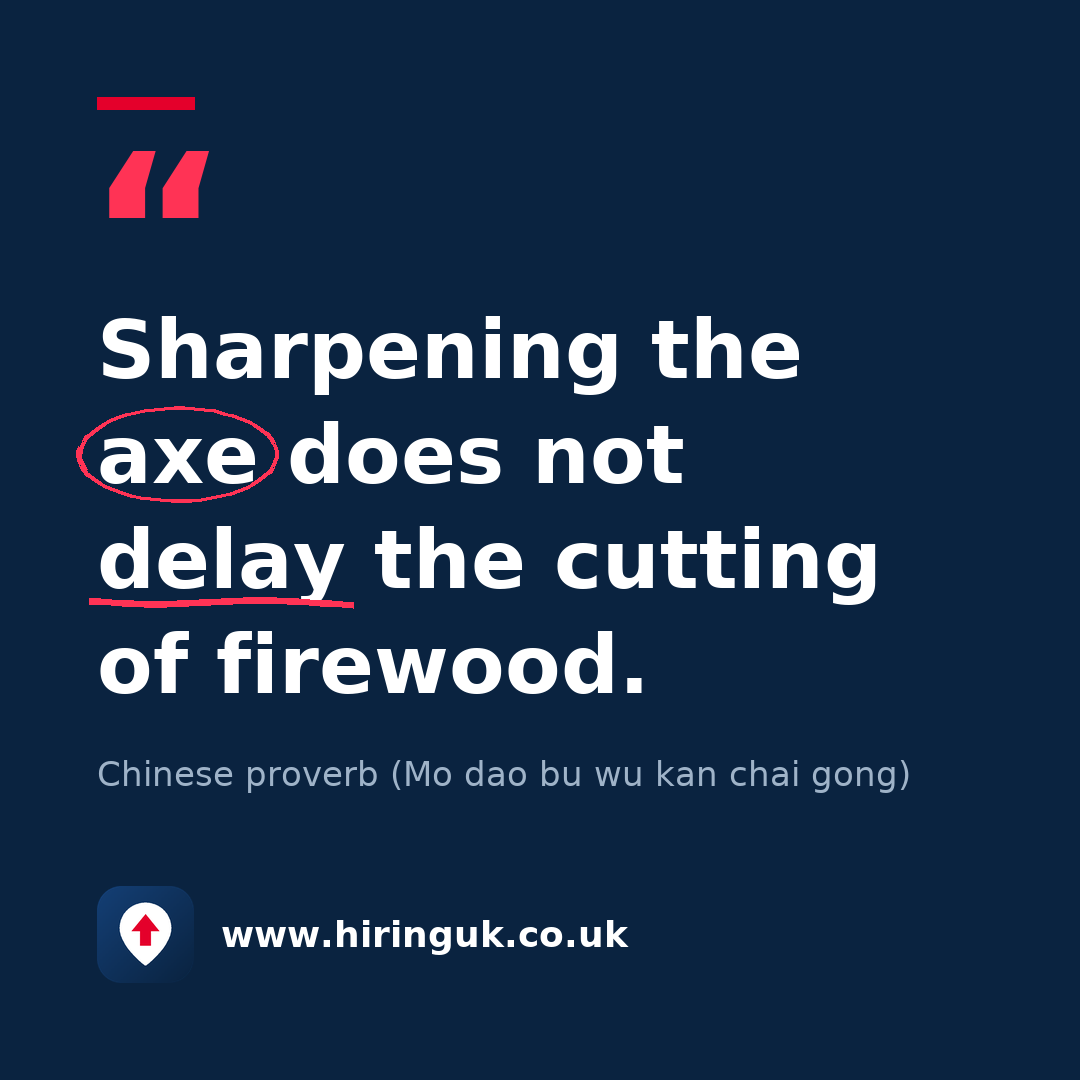 Quote card: Sharpening the axe does not delay the cutting of firewood.